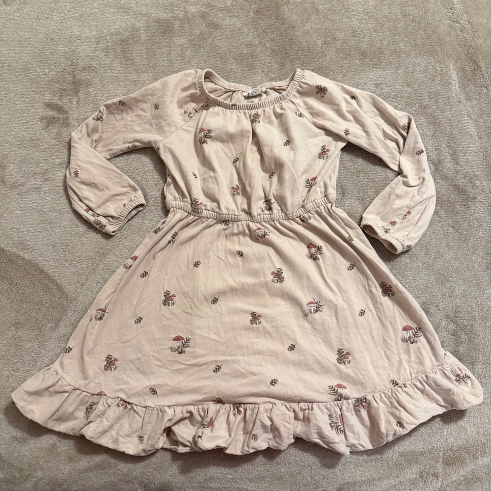 City Mouse Kids Beige Mushroom Print Rain Dress Long Sleeve Cotton Size 5Y